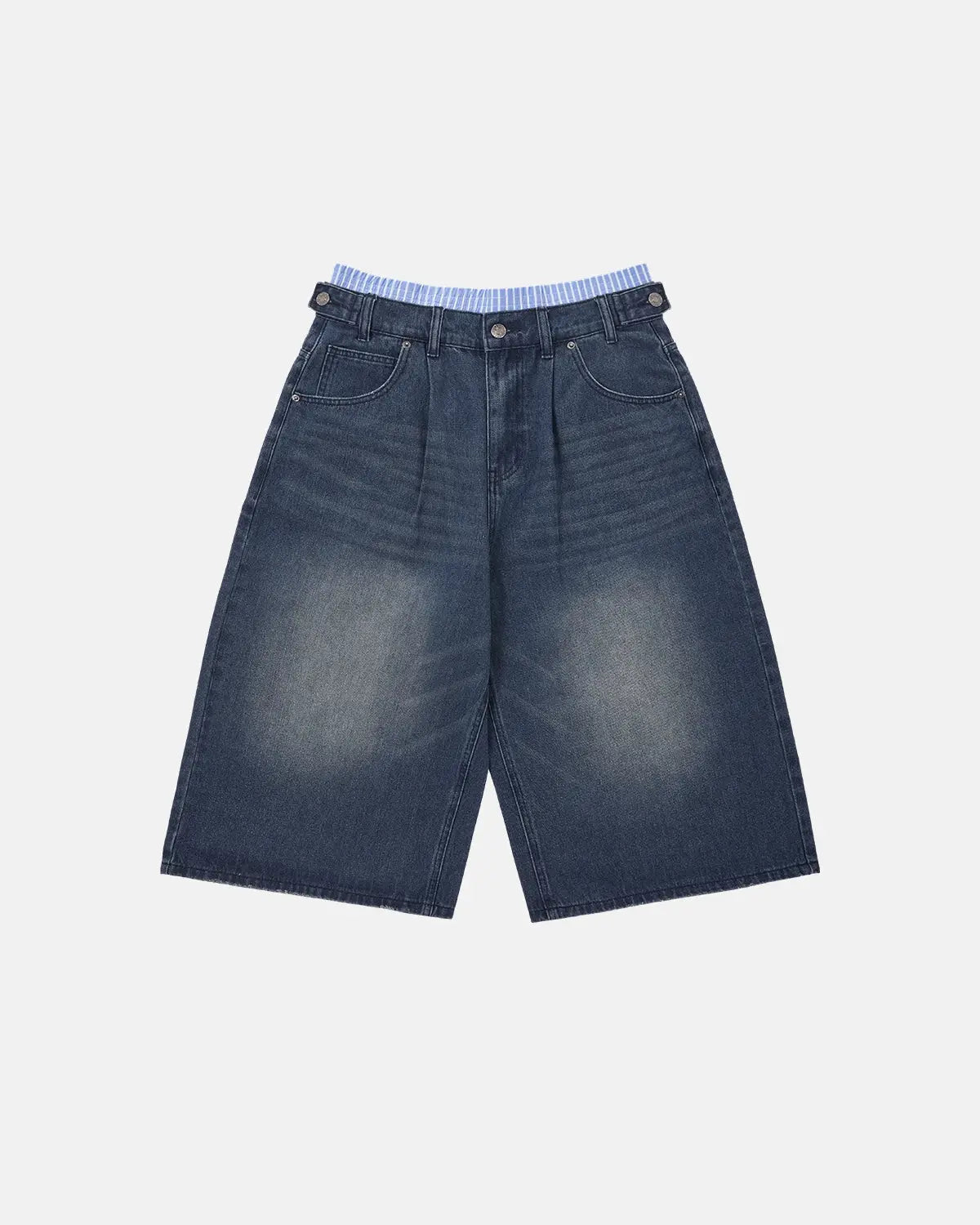 Inflation Double Waist Baggy Jorts with distressed denim, high waist, and relaxed fit, styled for streetwear fashion.