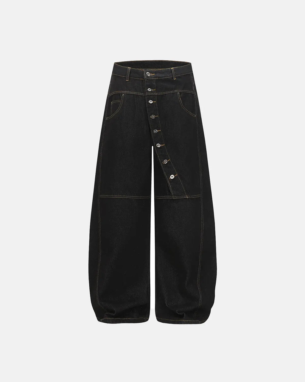 Inflation Buttons Up Raw Baggy Jeans showing relaxed fit, button details, and raw denim texture on the streetwear style jeans.