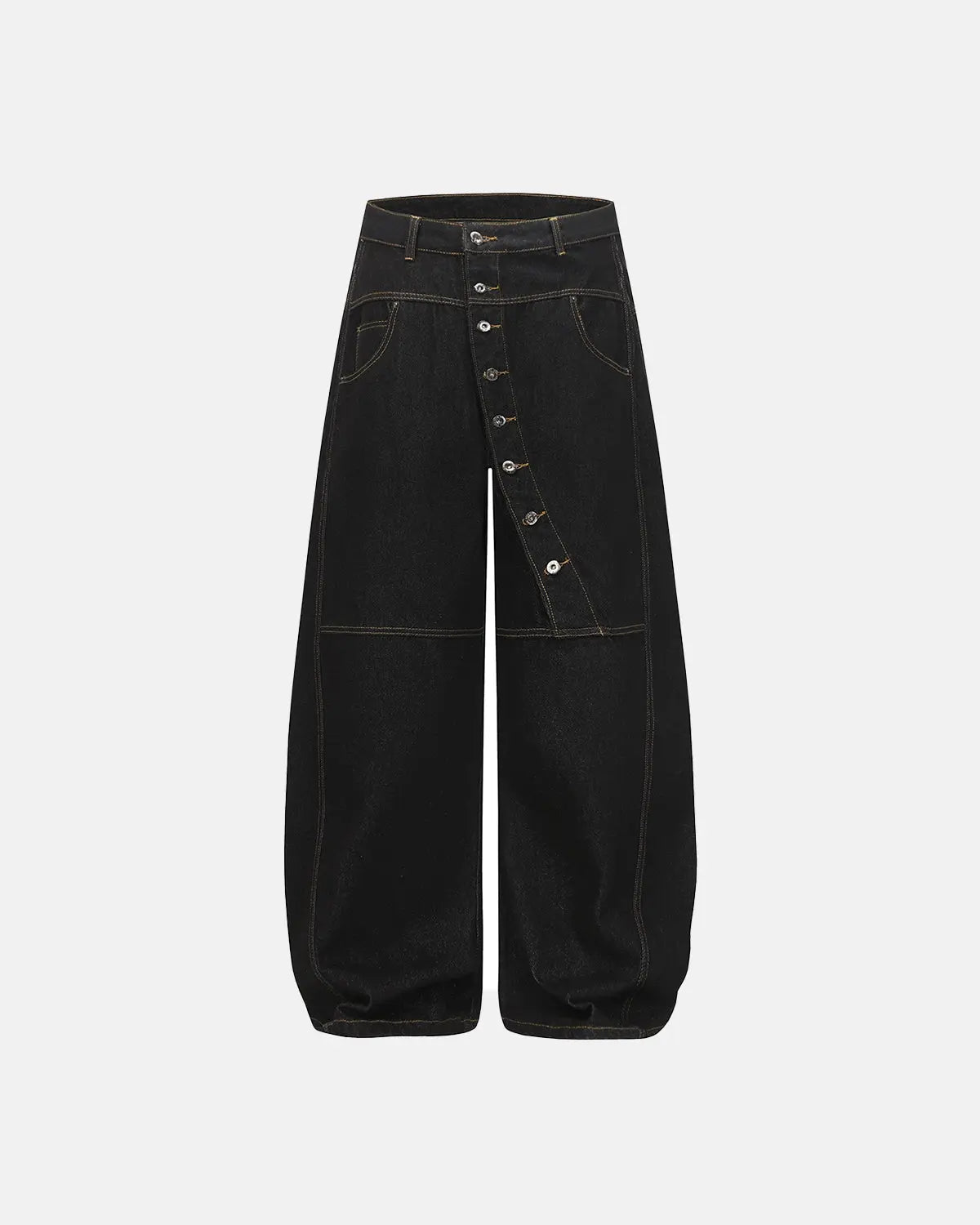Inflation Buttons Up Raw Baggy Jeans showing relaxed fit, button details, and raw denim texture on the streetwear style jeans.