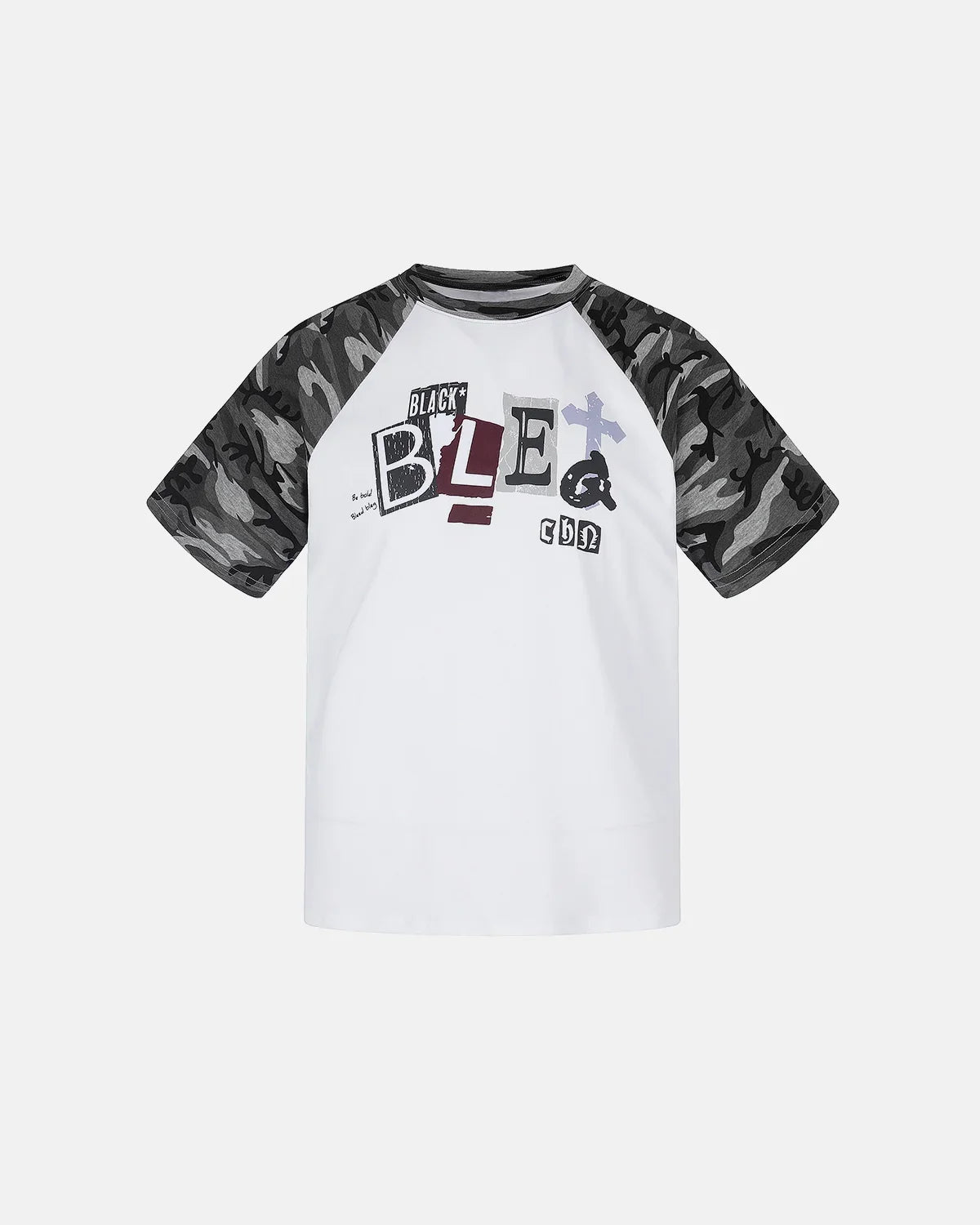 Inflation Streetwear camo sleeve graphic boxy T-shirt with bold camouflage print and relaxed fit, casual streetwear style.