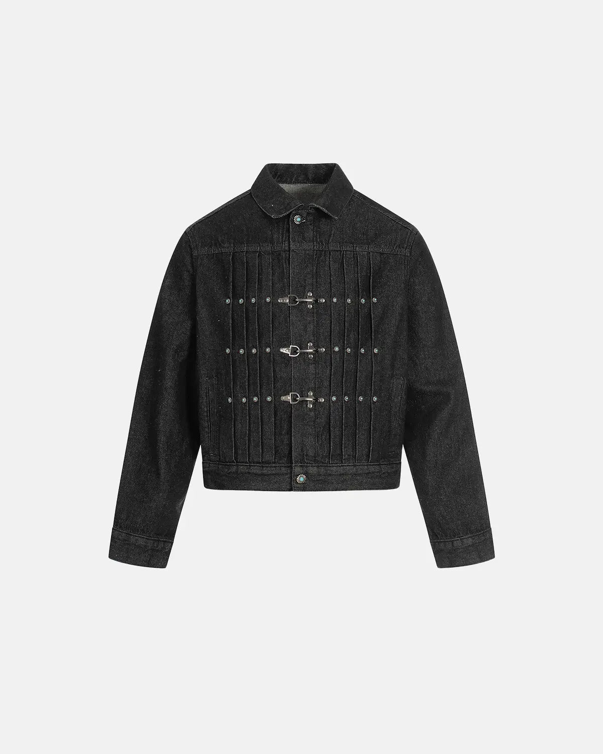 Inflation Streetwear Raw Clasp Denim Jacket with distressed details and button closure, casual men’s denim jacket for street style.