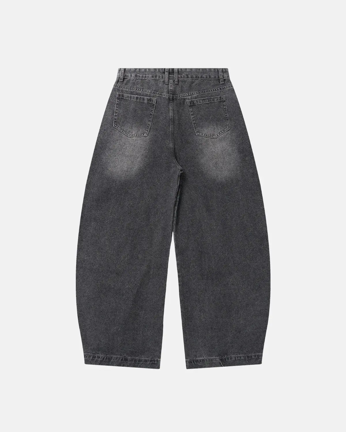 Inflation Script Graphic Washed Barrel Jeans, men's streetwear pants with distressed denim and bold script design, casual and trendy style