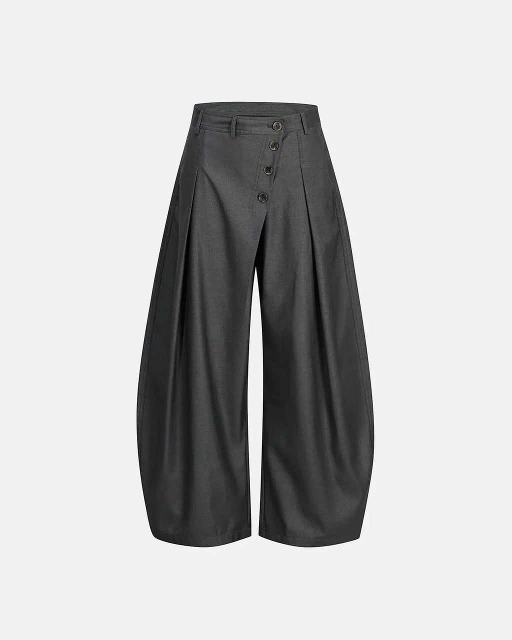 Asymmetric pleated barrel-leg suit pants by INFLATION, featuring unique design details and tailored fit in a stylish streetwear style.