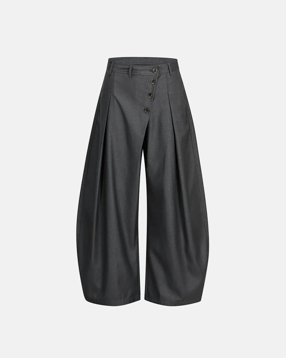 Asymmetric pleated barrel-leg suit pants by INFLATION, featuring unique design details and tailored fit in a stylish streetwear style.