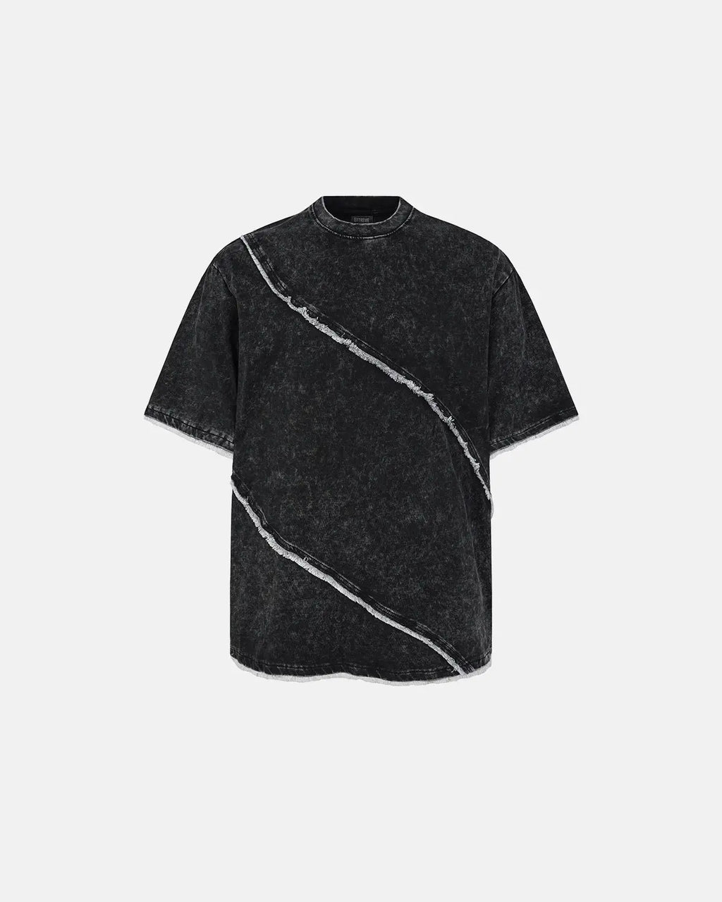 Raw edge deconstructed T-shirt by INFLATION, streetwear style with distressed neckline and relaxed fit, displayed on a mannequin.
