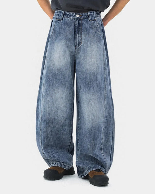 Flation Bamboo Weave Barrel Jeans featuring a relaxed fit, bamboo-inspired woven fabric, and stylish streetwear design.
