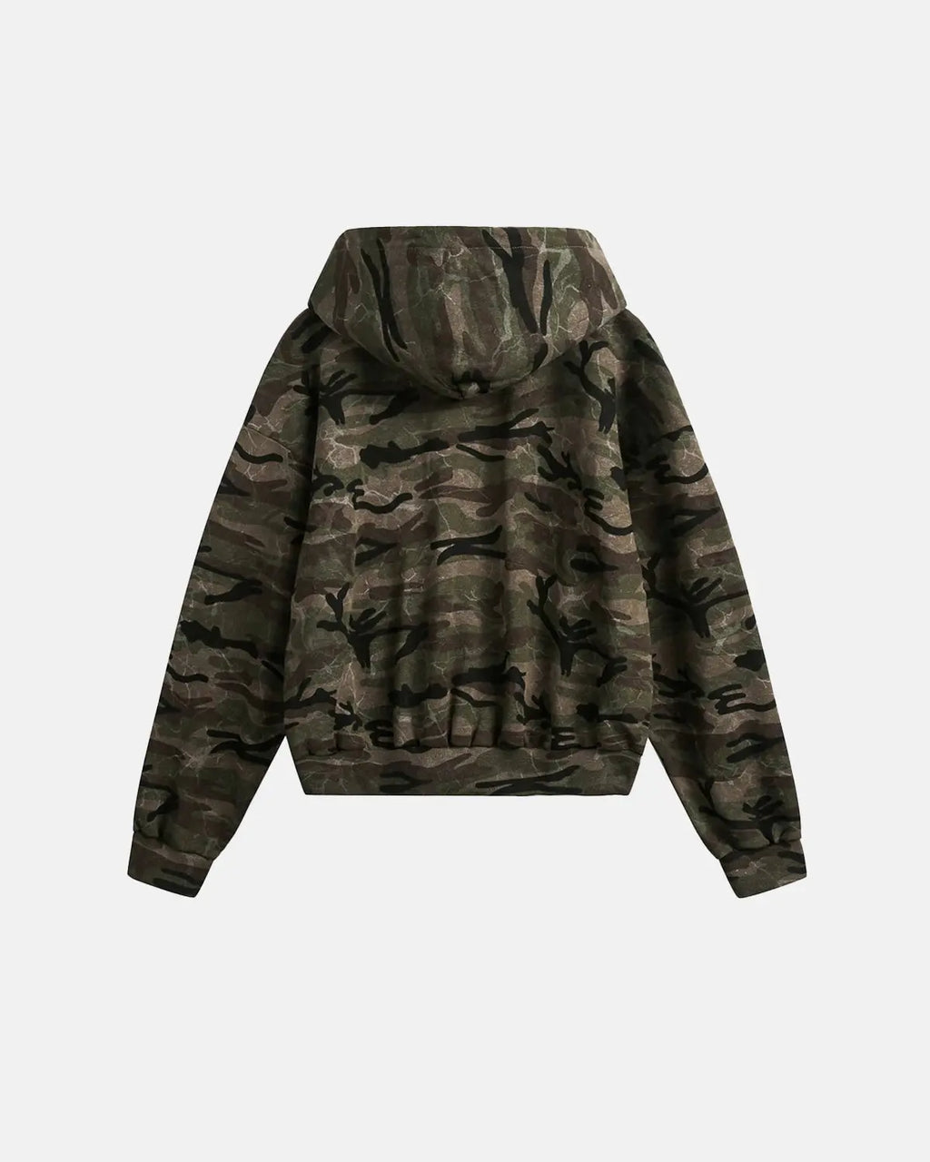 Camouflage zip-up jacket by Flation Streetwear featuring a green and brown camo pattern and a front zip closure.