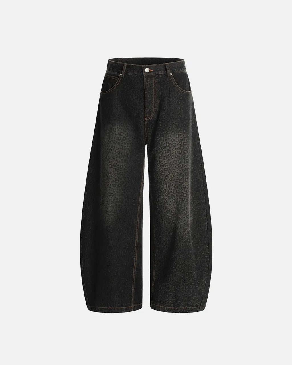 Vintage leopard print barrel jeans by INFLATION, featuring bold animal print fabric and relaxed fit for stylish streetwear.