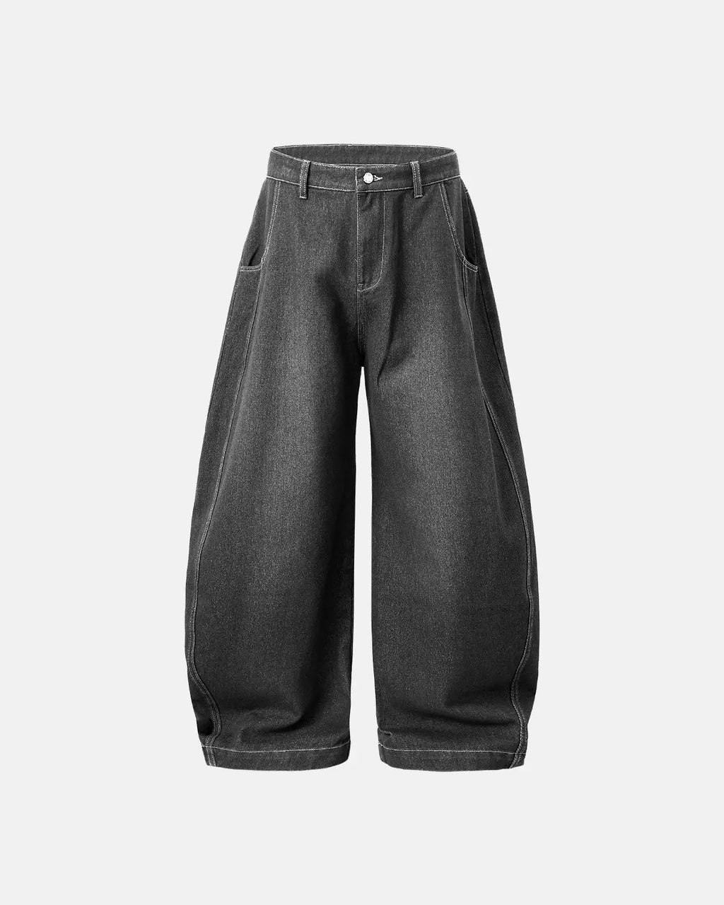Flation Washed Barrel Baggy Jeans displaying relaxed fit, light wash denim, and casual style with wide legs and rolled cuffs.