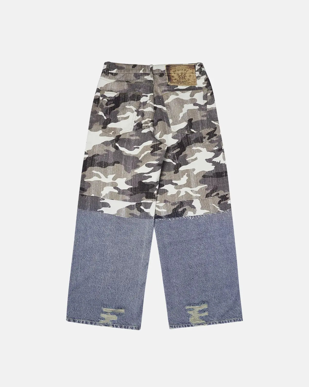 Inflation streetwear patchwork effect print baggy jeans showing colorful, oversized denim with patchwork design and relaxed fit.