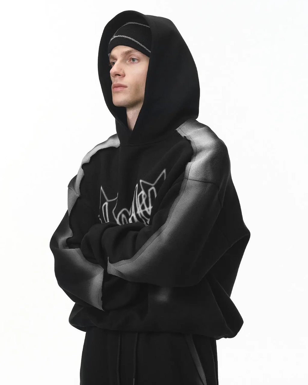 Flation stitching spray-painted hoodie featuring colorful stitched designs on a casual streetwear hoodie.
