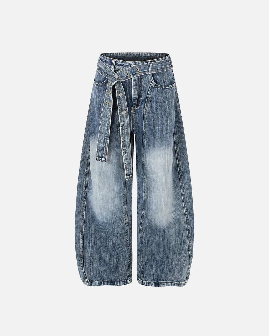 Inflation Streetwear belted bamboo weave barrel jeans with stylish fit and natural fabric texture, showcased in the image.