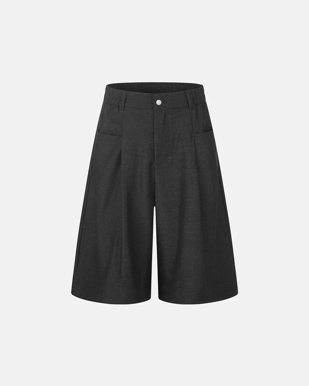 Inflation streetwear pleated wide-leg tailored shorts in neutral fabric, displayed on a hanger.