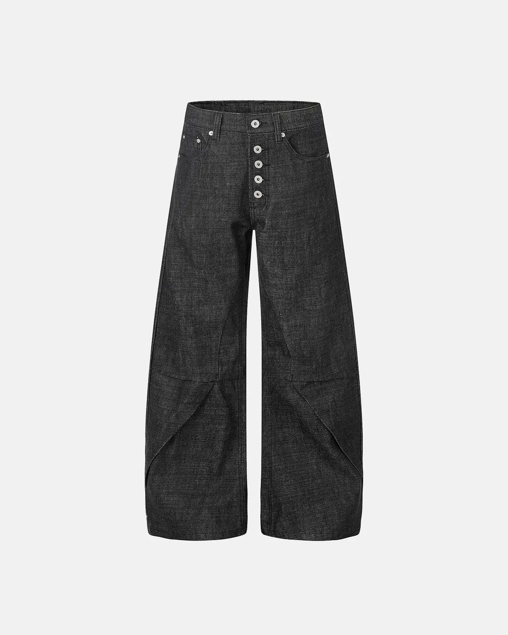 Inflation Button Detail Deconstructed Raw Baggy Jeans with raw hem and button accents, streetwear style, relaxed fit, casual denim.