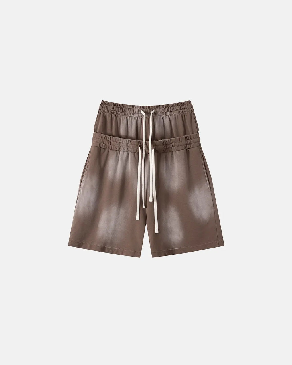 Inflation Streetwear double waist monkey wash sweat shorts featuring a relaxed fit, casual style, and distressed denim look.