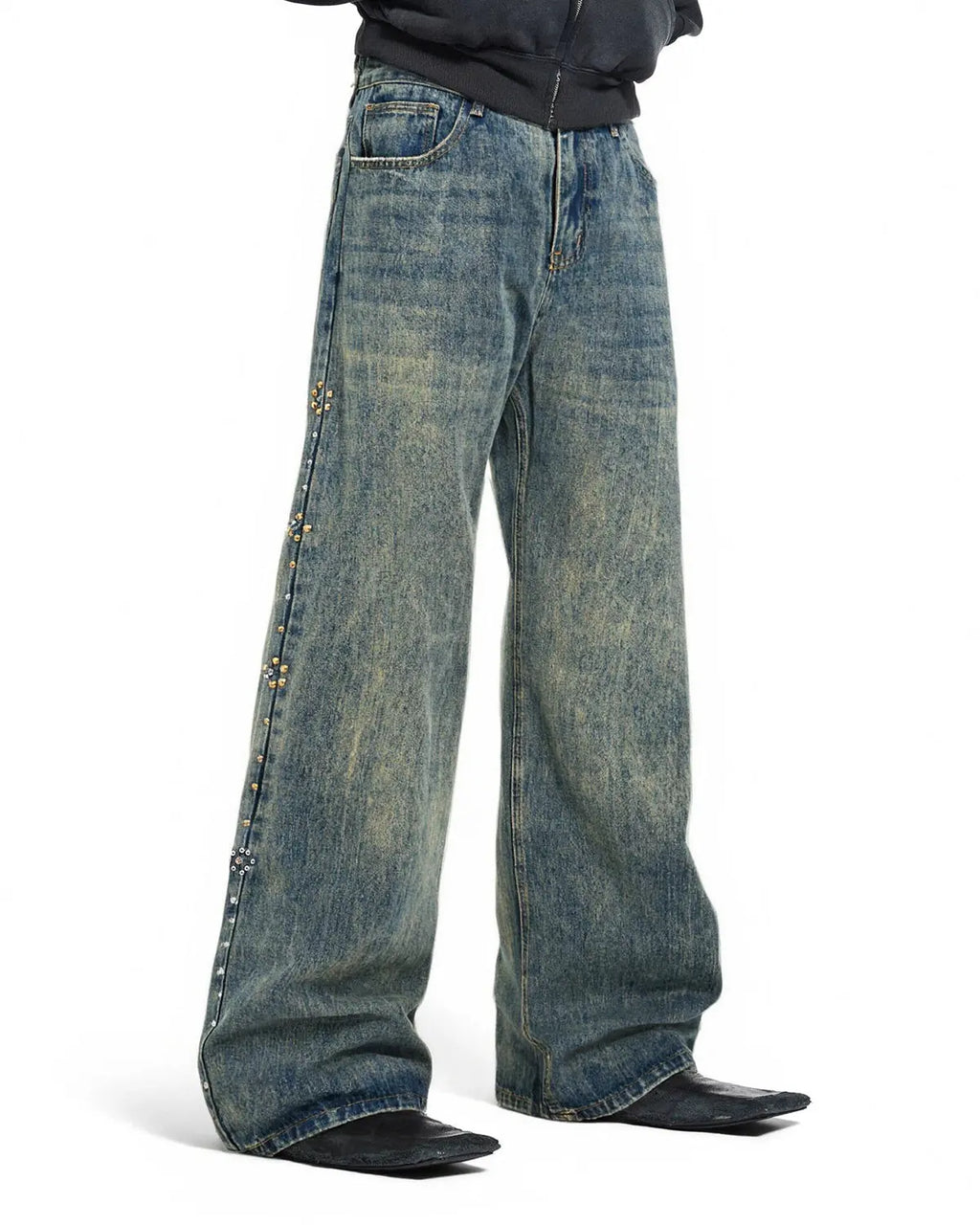 Acid wash beaded studded flared baggy jeans by INFLATION, featuring a relaxed fit with beaded and studded embellishments.