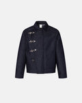 Raw blue fireman clasp denim jacket by INFLATION featuring metal clasp details and classic denim design on a model.