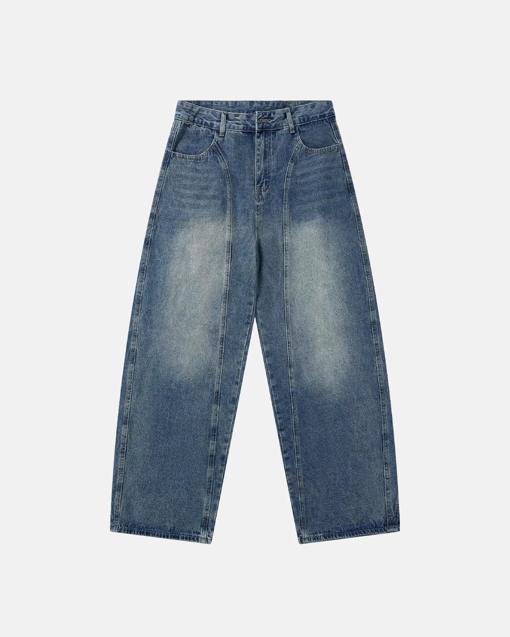 Deconstructed Barrel Jeans by INFLATION, stylish streetwear pants with distressed and unique design details.