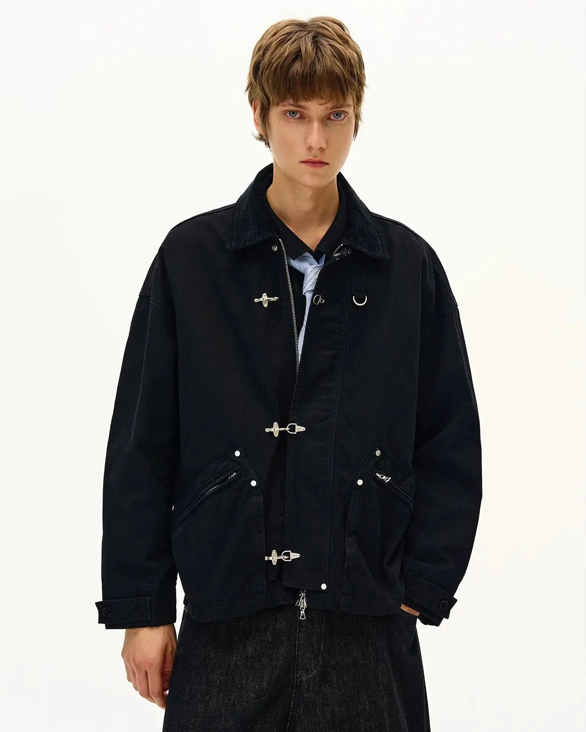 Inflation Fireman Buckle Worker Zip-Up Jacket with front buckle detail, black fabric, and casual streetwear style.