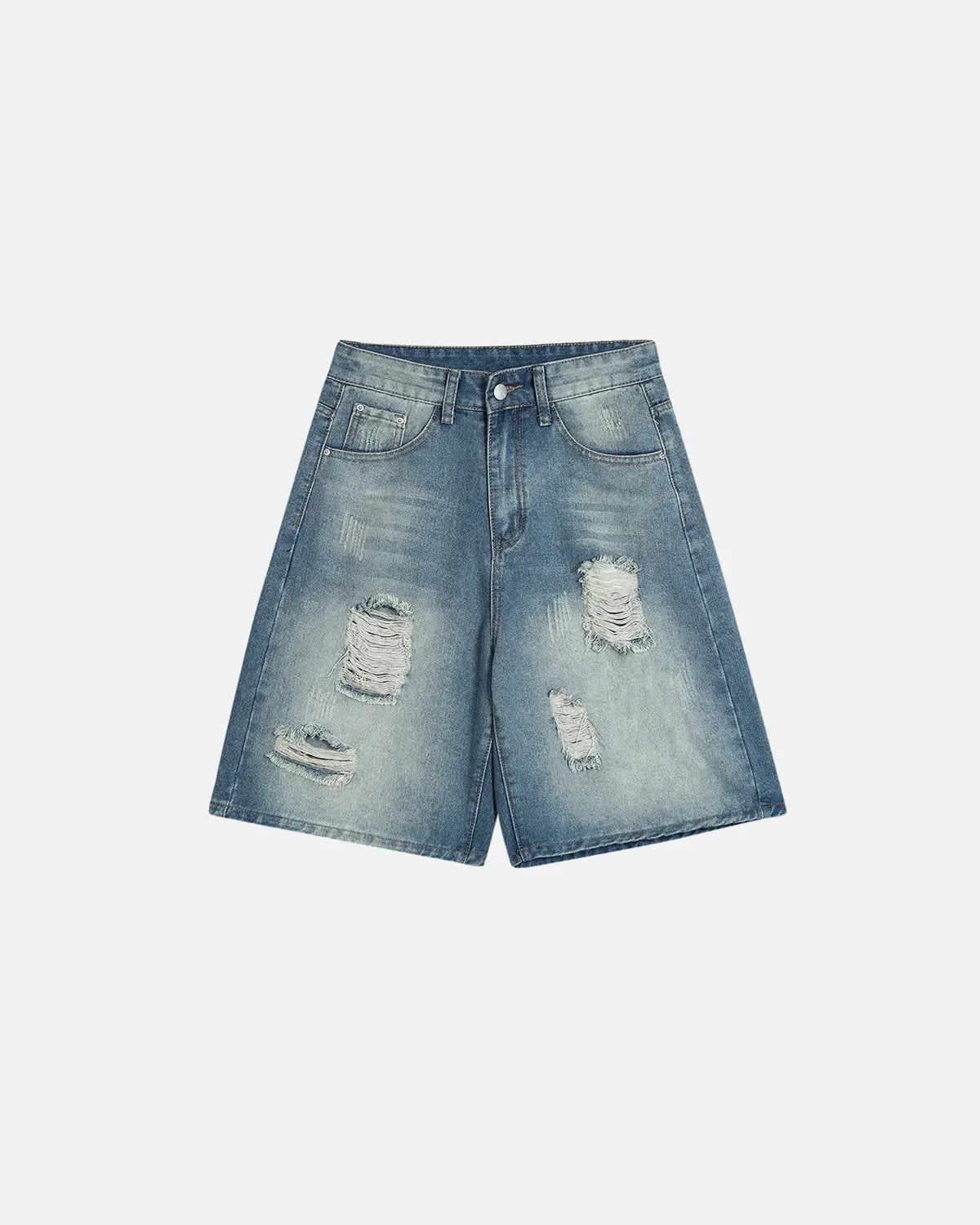 Distressed washed knee-length jorts by Inflation Streetwear, featuring ripped denim and casual fit, styled for a relaxed look.