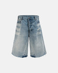 Inflation Streetwear frayed longline baggy jorts, denim pants with distressed edges and relaxed fit, casual streetwear style.