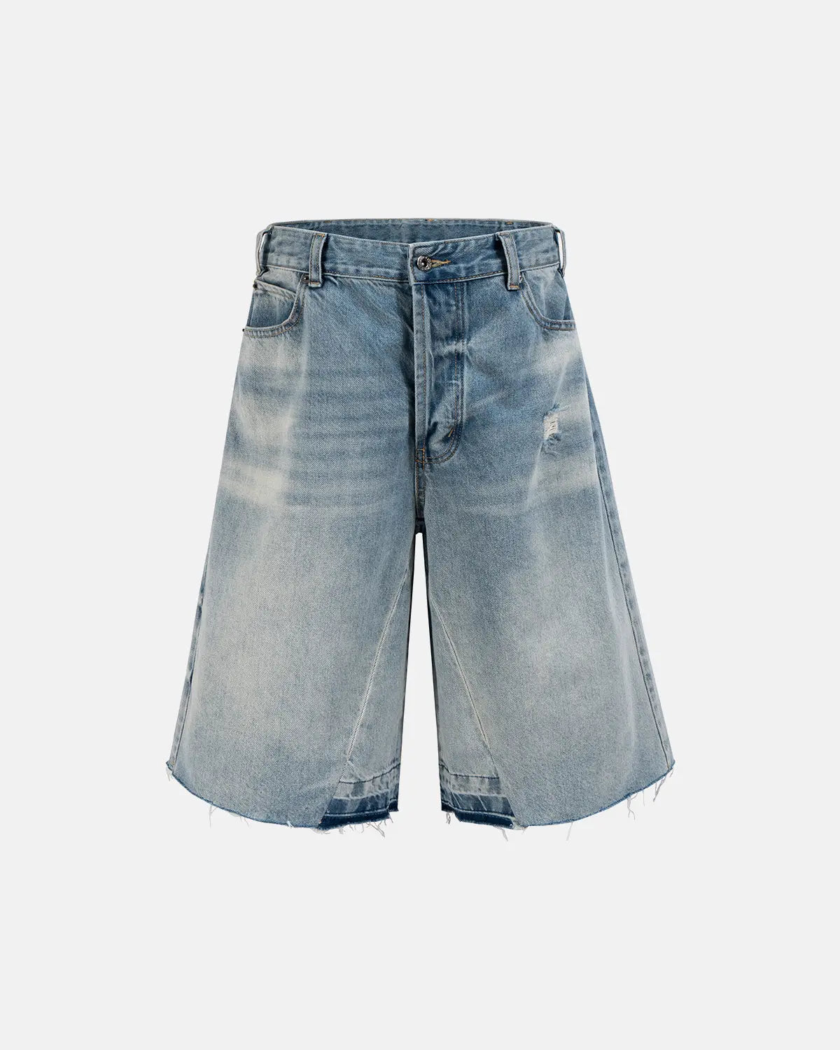 Inflation Streetwear frayed longline baggy jorts, denim pants with distressed edges and relaxed fit, casual streetwear style.