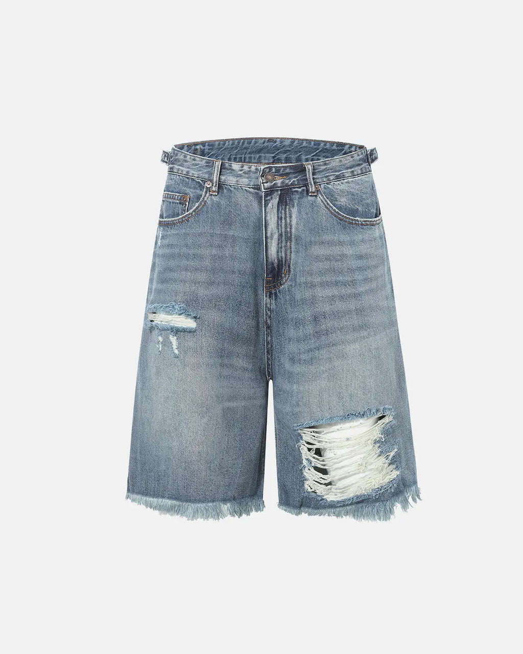 Distressed baggy jorts with adjustable waist tabs from INFLATION streetwear, featuring ripped denim and relaxed fit.