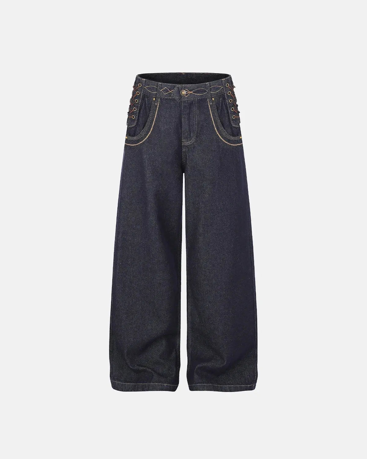Inflation Side Lace-Up Raw Baggy Jeans showing distressed denim, loose fit, and lace-up details on a streetwear model.