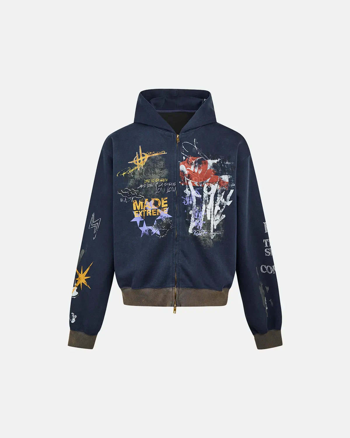 Boxy graffiti zip-up hoodie from INFLATION Streetwear, featuring bold graffiti artwork and a relaxed fit on the model.