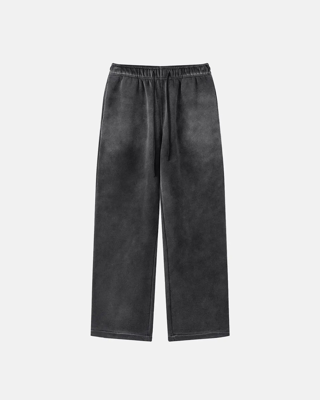 Flation straight-leg acid wash sweatpants laid flat, showcasing the relaxed fit and faded denim-style texture.