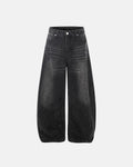 Vintage washed rhinestone barrel jeans by INFLATION featuring distressed denim and sparkling rhinestone accents.