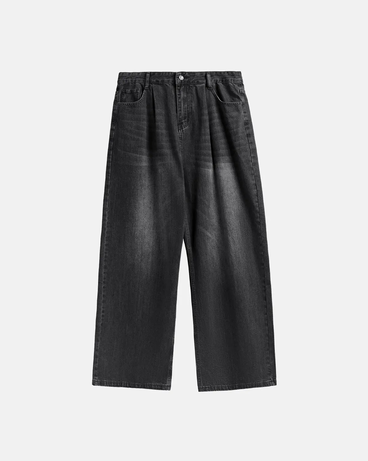 Flation Chill wide-leg denim pants displayed on a hanger, featuring a relaxed fit and classic blue denim fabric.