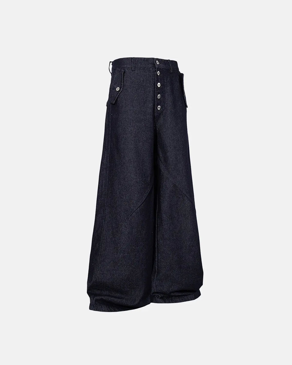 Inflation Buttons Up Raw Blue Baggy Jeans with button fly, relaxed fit, and distressed denim details.