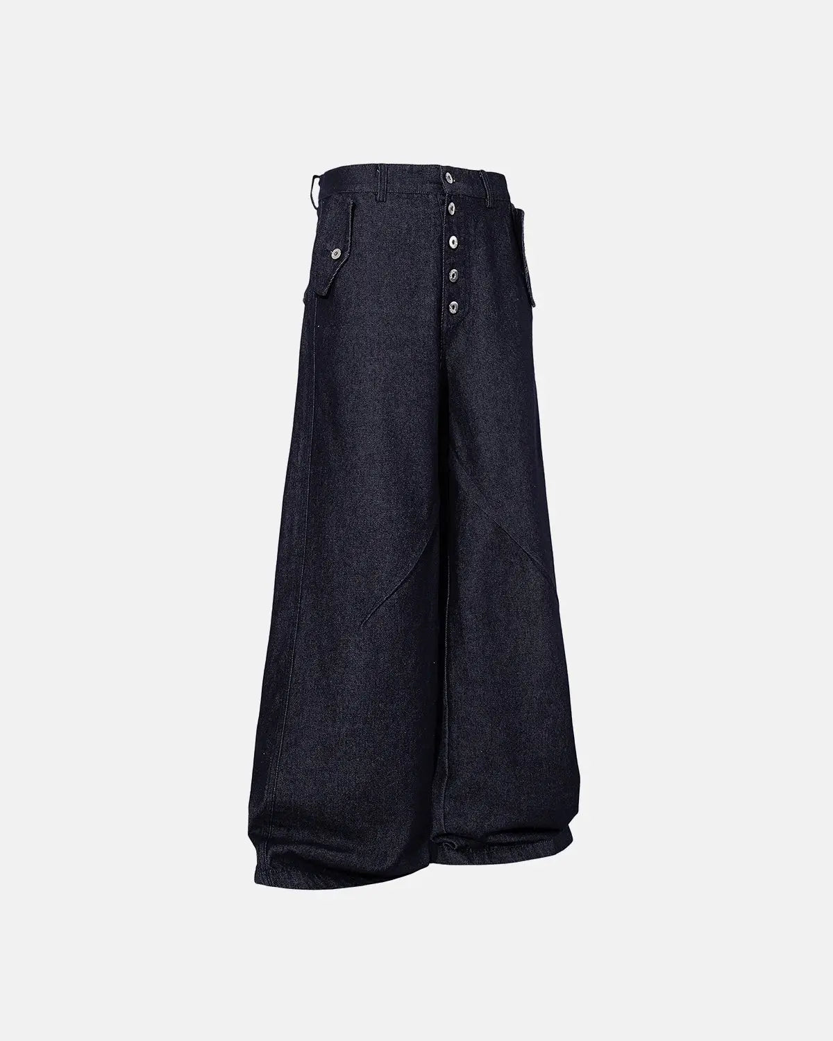 Inflation Buttons Up Raw Blue Baggy Jeans with button fly, relaxed fit, and distressed denim details.