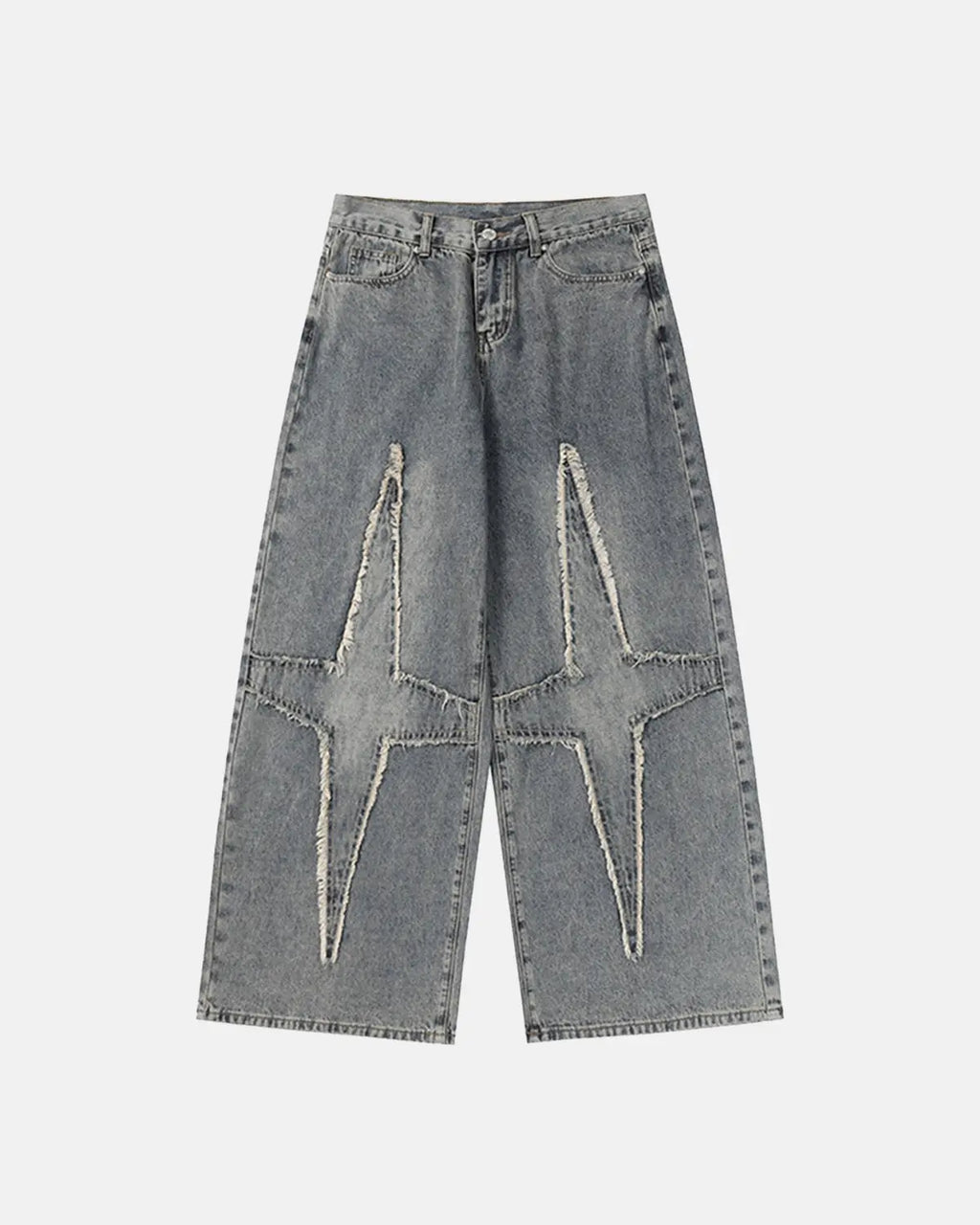 Star patched baggy jeans by Flation streetwear featuring distressed denim and relaxed fit with star patch details.