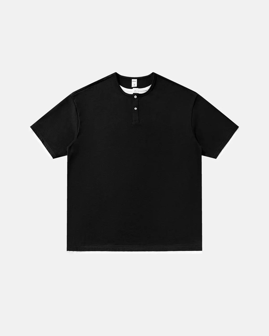 Old Money Layered Henley T-Shirt by INFLATION, men's casual shirt with layered design and buttoned neckline, navy and white color.
