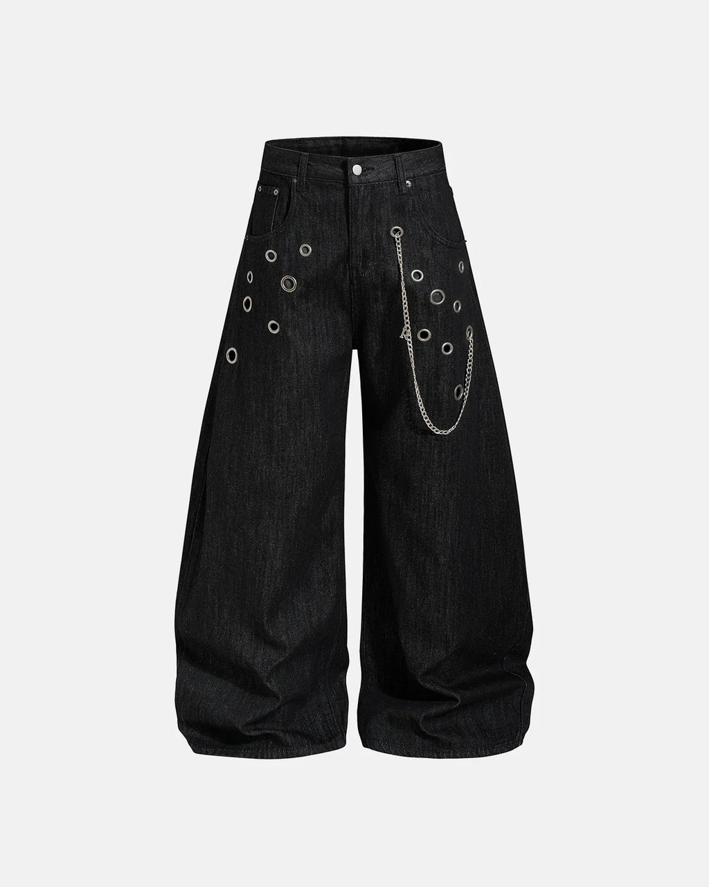 Metal eyelet chain barrel jeans by INFLATION with distressed denim and metal embellishments, styled with a relaxed streetwear look.