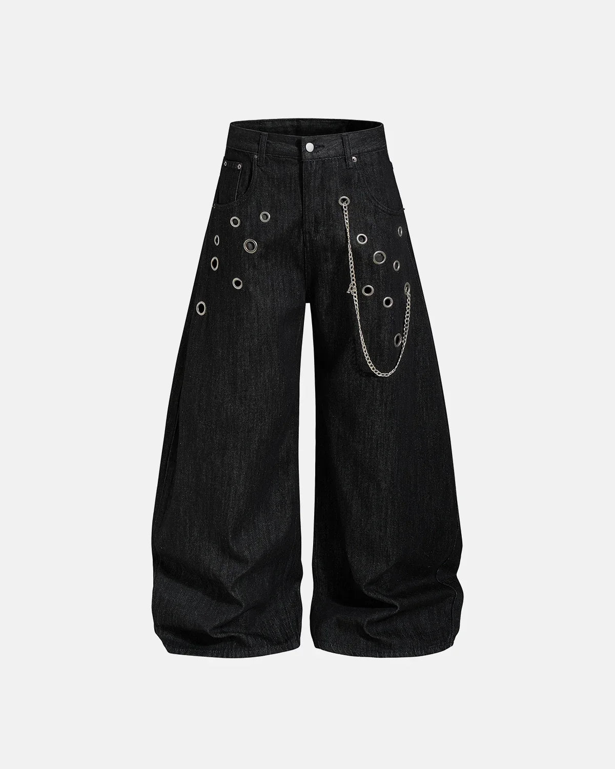 Metal eyelet chain barrel jeans by INFLATION with distressed denim and metal embellishments, styled with a relaxed streetwear look.
