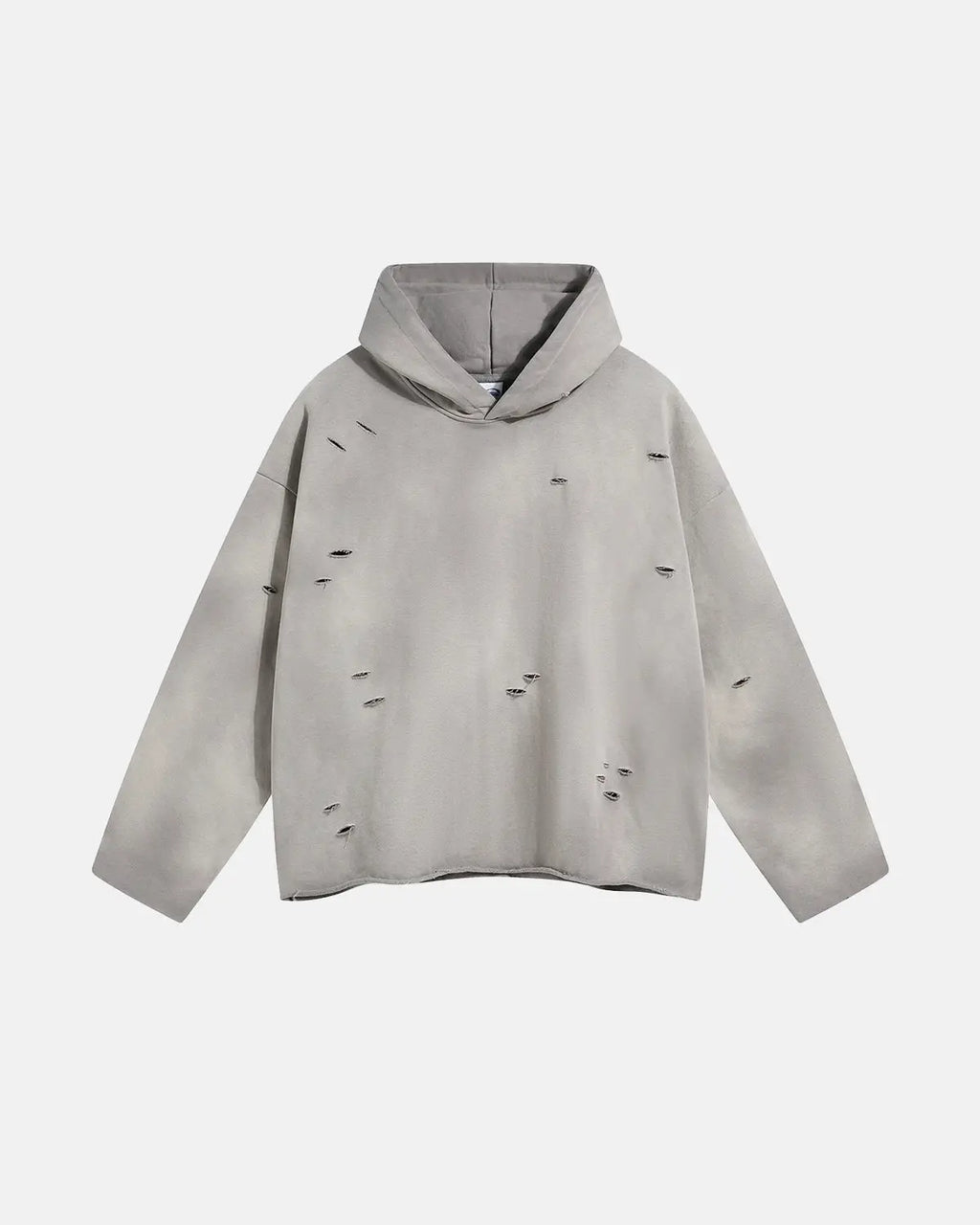Inflation Acid Wash Ripped Boxy Hoodie featuring distressed details and a relaxed fit, stylish streetwear casual look.