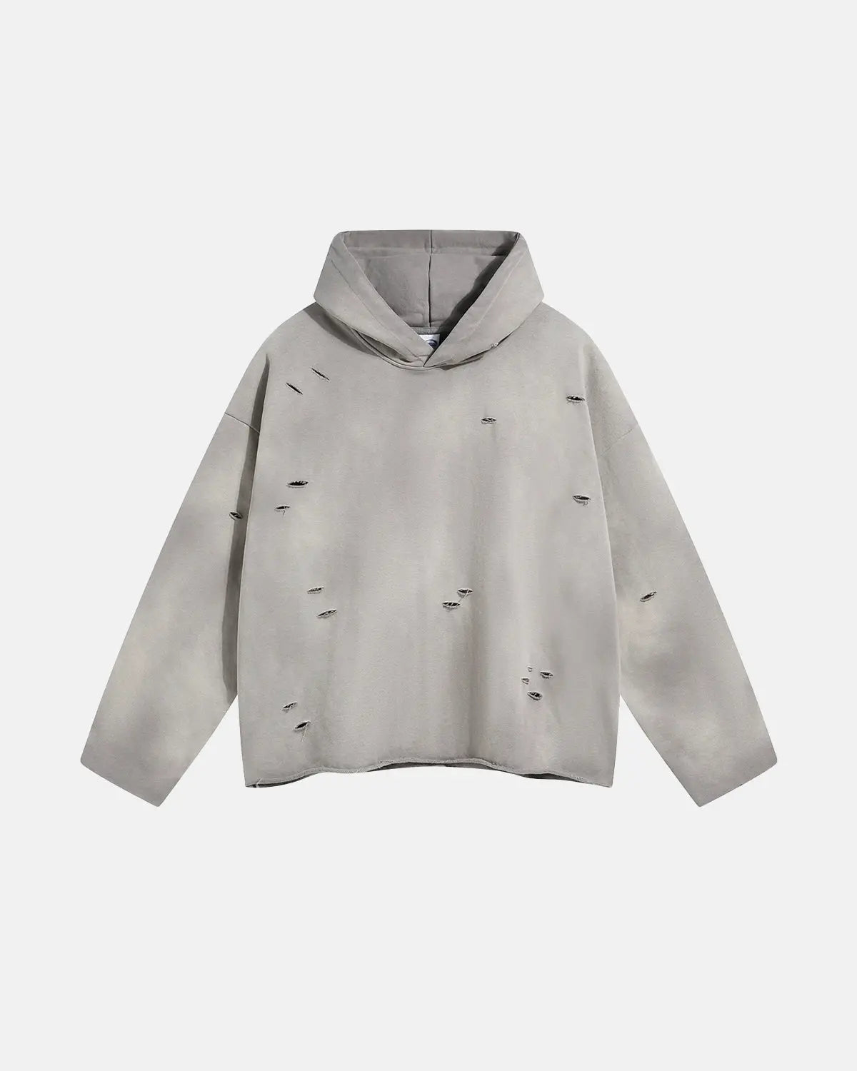 Inflation Acid Wash Ripped Boxy Hoodie featuring distressed details and a relaxed fit, stylish streetwear casual look.