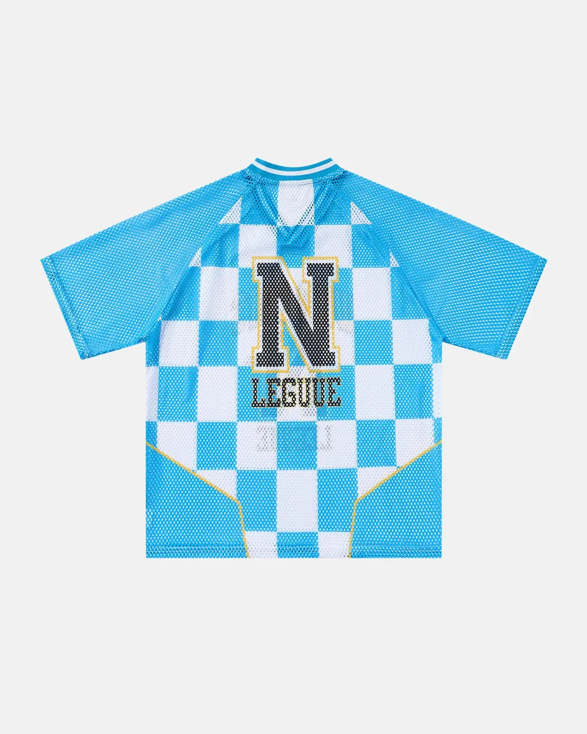 Inflation Streetwear varsity checkerboard mesh jersey with black and white pattern, featuring sporty design and breathable fabric.