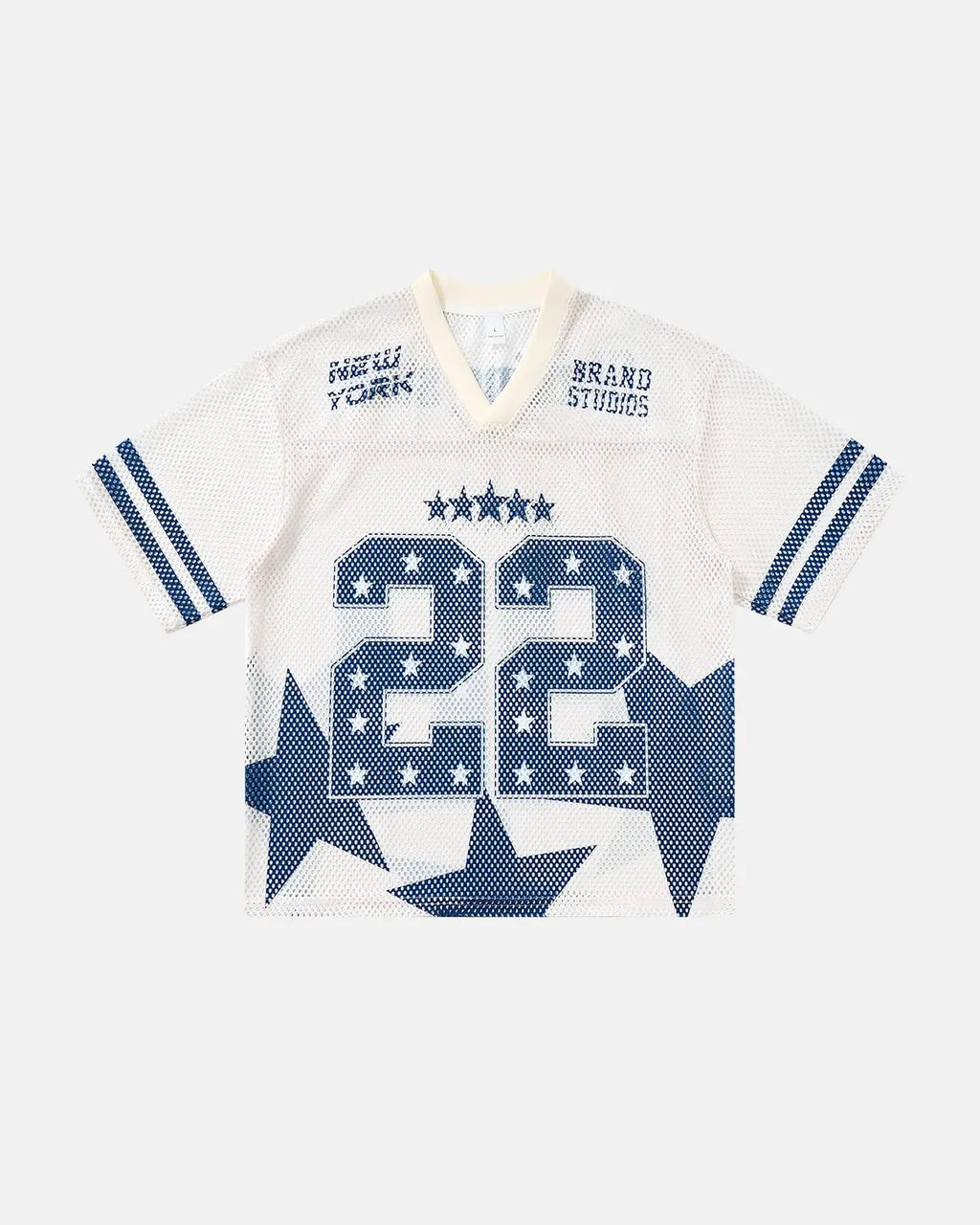 Star graphic oversized mesh jersey by INFLATION featuring bold star print, lightweight mesh fabric, and relaxed streetwear style.