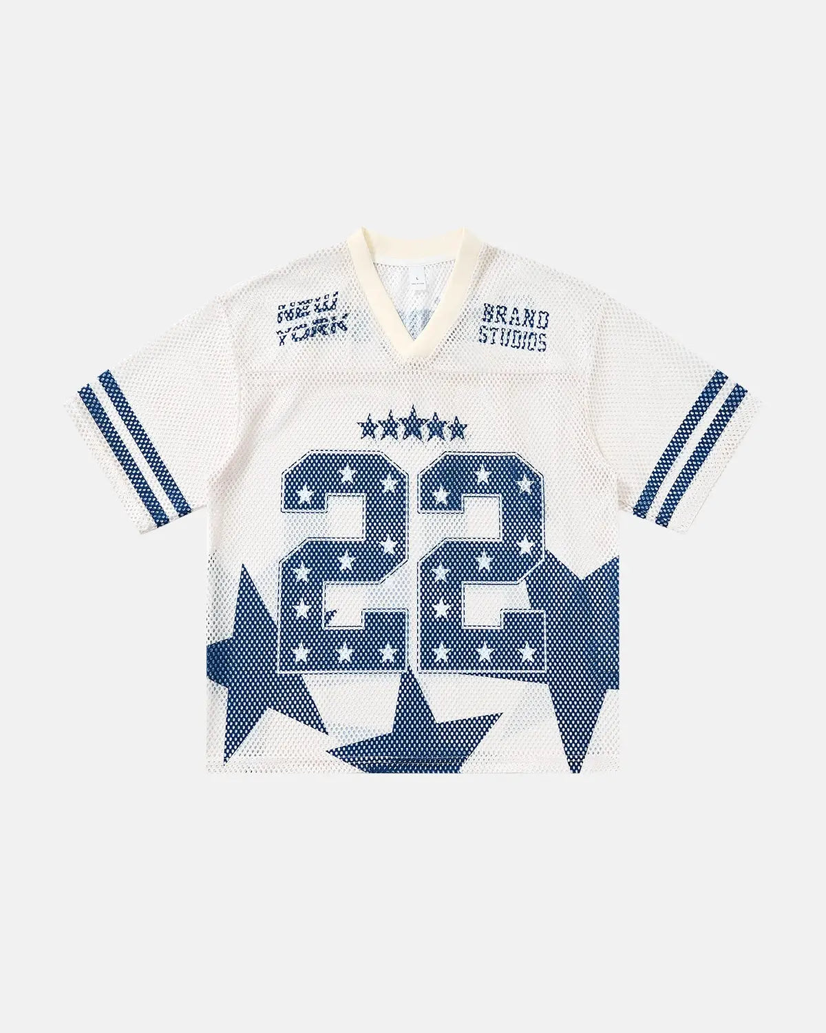 Star graphic oversized mesh jersey by INFLATION featuring bold star print, lightweight mesh fabric, and relaxed streetwear style.