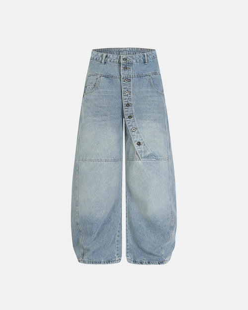 Inflation streetwear asymmetric button baggy jeans featuring oversized fit and unique button details, casual urban fashion style.