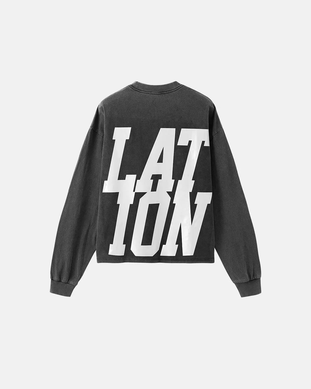 Inflation Streetwear reflective logo acid wash tee featuring a bold logo print on light, distressed denim-style fabric.