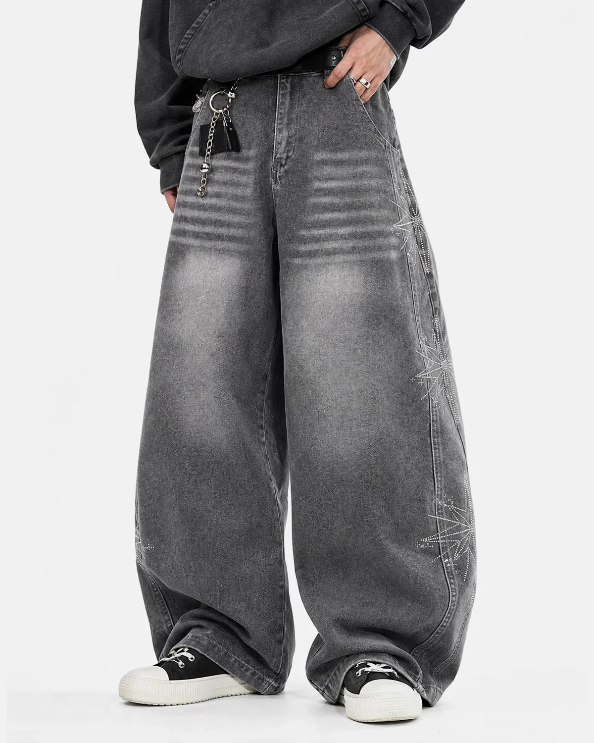 Flation star graphic rhinestone barrel baggy jeans, denim pants with star designs and rhinestone embellishments, casual streetwear style