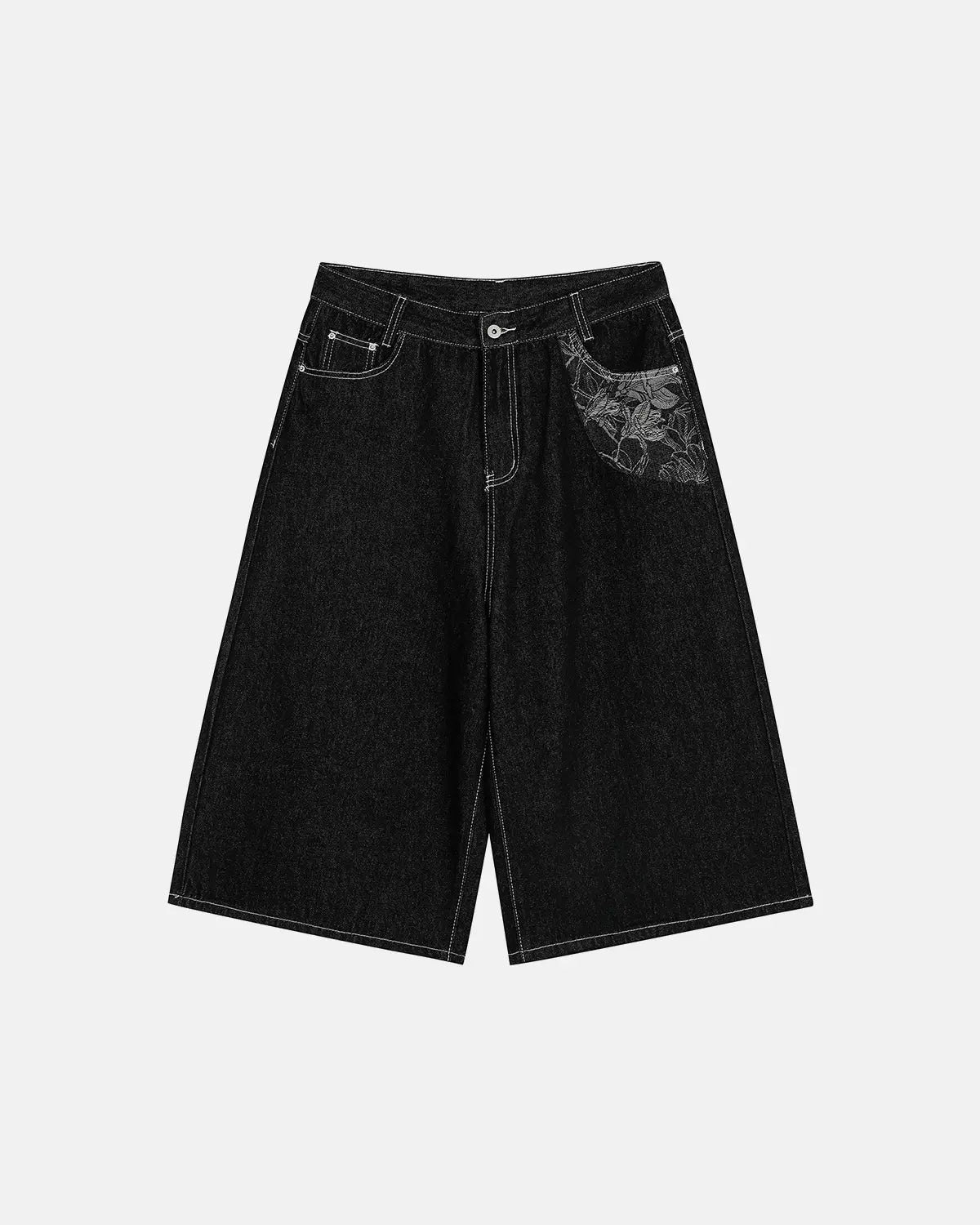 Inflation brand baggy denim jorts with embroidered pockets, relaxed fit pants featuring distressed details and casual streetwear style.