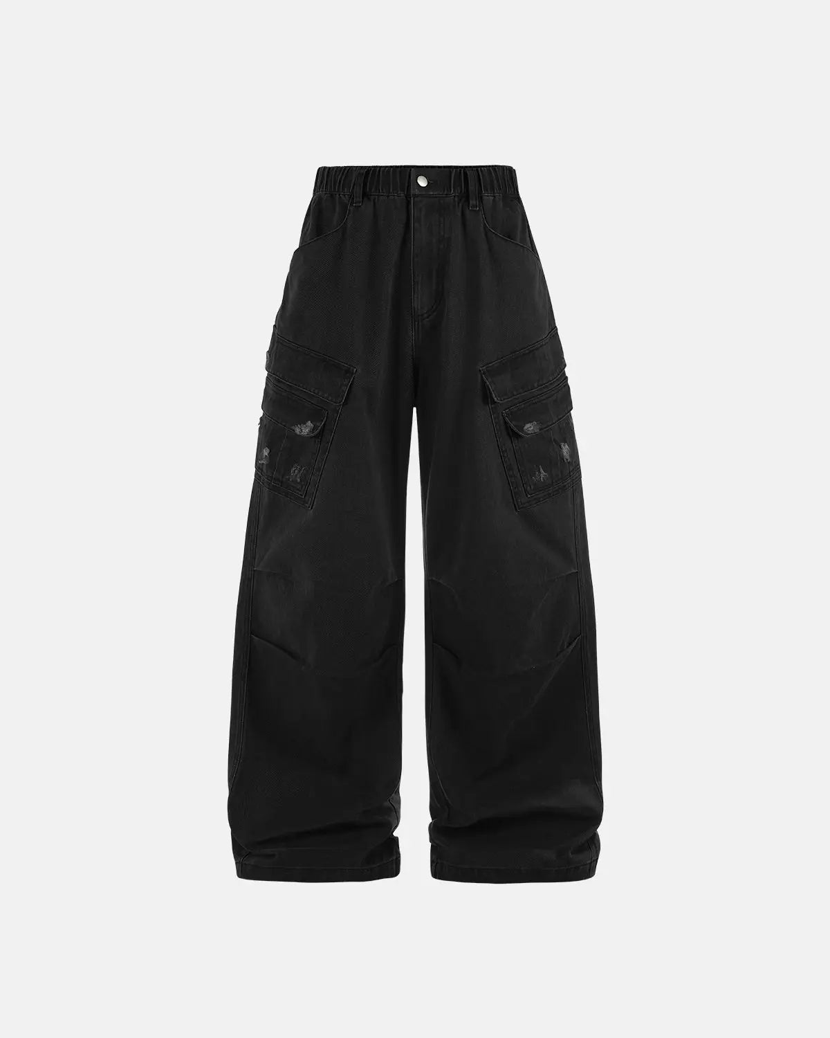 Inflation Streetwear Garment Wash Ripped Cargo Pants displayed with distressed fabric, multiple pockets, and a relaxed fit.