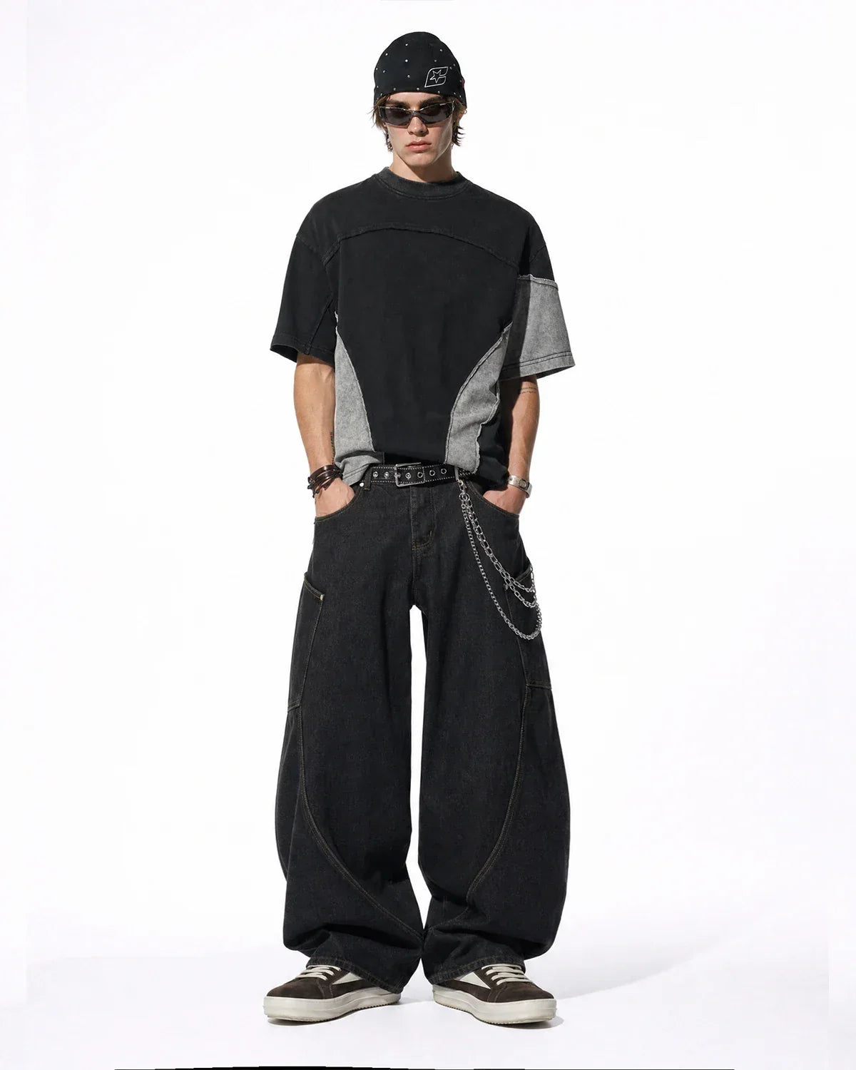 Inflation Streetwear patchwork washed boxy cropped T-shirt with colorful fabric patches and relaxed fit on model.
