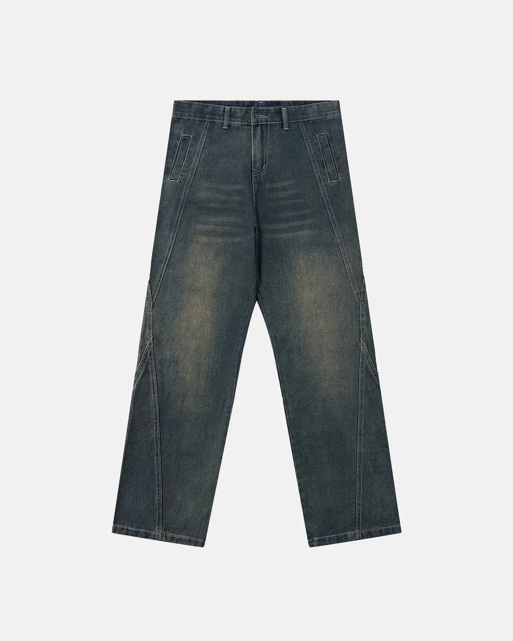 Deconstructed straight-leg jeans by INFLATION featuring distressed details and relaxed fit, shown on a hanger.